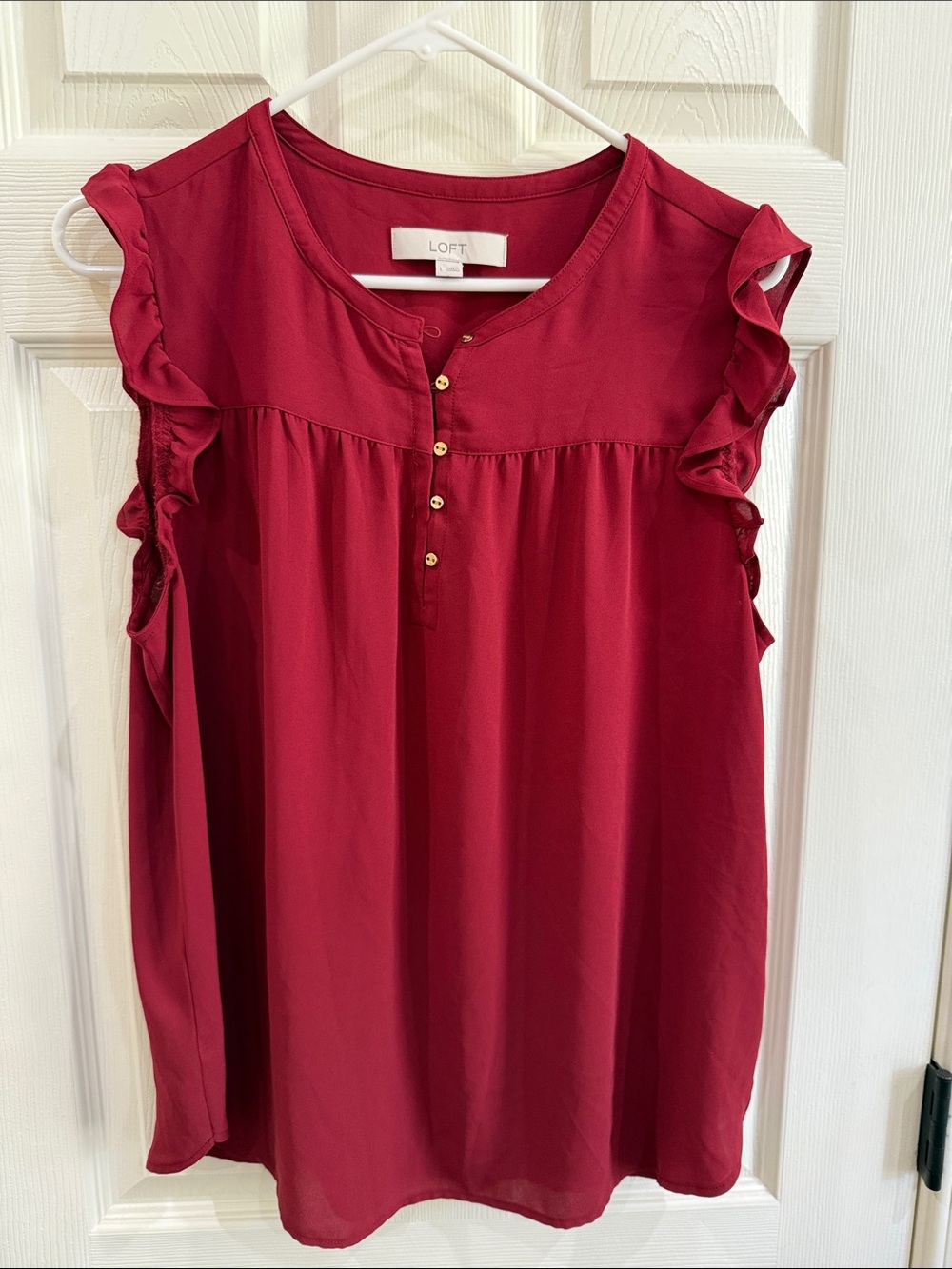 LOFT Ruffle Sleeve Henley Shell in Berry Red